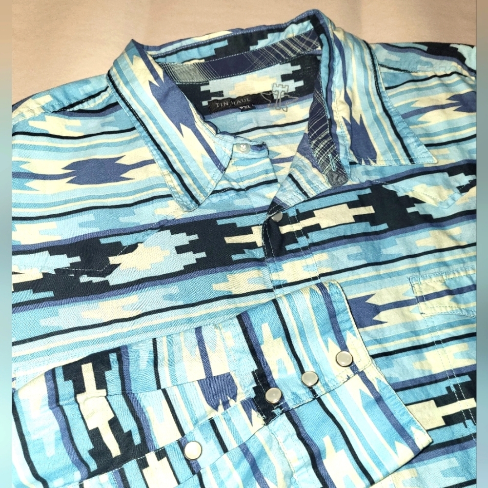 Tin Haul Blue Cream Black Southwestern Stripe Snap-Front Shirt
